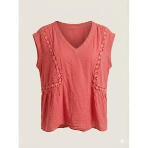 APNY Womens Coral Cotton Gauze Crochet Lace V-Neck Boho Cap Sleeve Top M Flowy